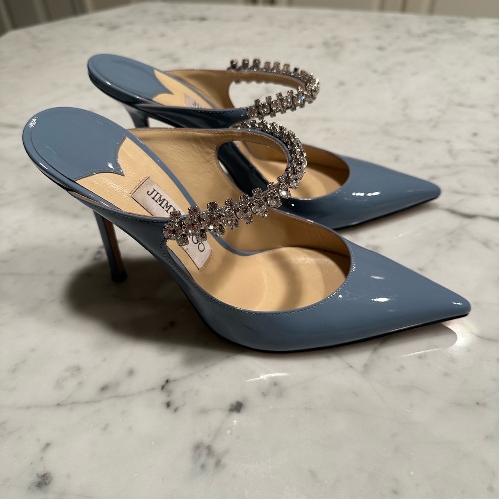 Jimmy Choo Bing Patent Jeweled Mules Powder Blue Embellished